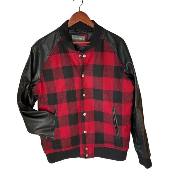 Slate & Stone Buffalo Plaid Wool and Pleather Bomber Jacket, XL  Heritage - Picture 2 of 16